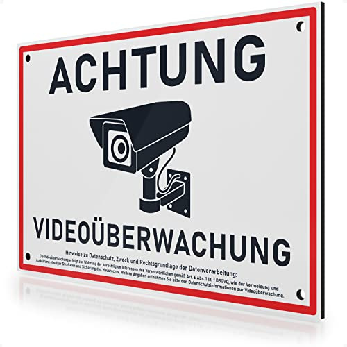 FLAGLY Premium videoövervakningsskylt DSGVO 30 x 20 cm tillverkad av 3 mm aluminium Dibond inkl. borrningar tillverkade i Tyskland – stabil skylt/varningsskylt, väderbeständig och UV-beständig