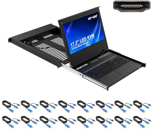 MT-VIKI Rackmount KVM Switch Console HDMI with 17 Zoll Monitor 16 port KVM Konsole mit 17 Zoll LCD Display Touchpad Tastetur Schienen Hotkey OSD DVI Kabel
