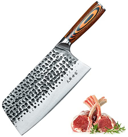 TJ POP Hackmesser Chinesisches Kochmesser Professionelles 21cm, Scharfer Full-Tang Fleischerbeil, 50CR15 Stahlklingestärke 2,5mm, TJ SEGA Serie TC19075 für Küche und Restaurant