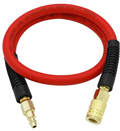 YOTOO Hybrid Lead-in Air Hose 3/8-Inch by 3-Feet 300 PSI Heavy Duty, Lightweight, Kink Resistant, All-Weather Flexibility with Bend Restrictors, 1/4 Industrial Quick Coupler and Plug, Red