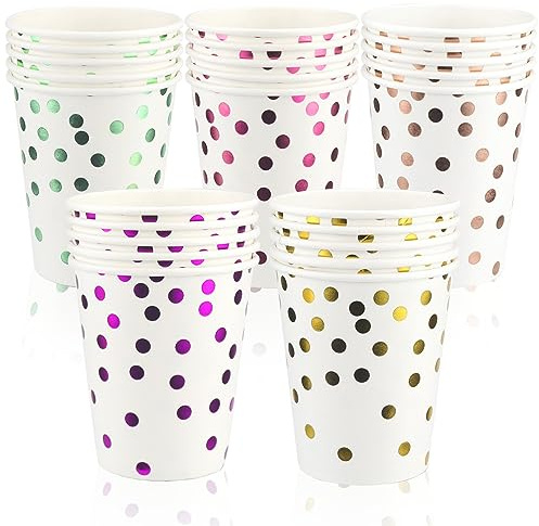 Pappbecher Einwegbecher Bunte Trinkbecher Becher Einweg mit Gold Dot Partybecher 250ml Disposable Paper Cups Papierbecher für Party Weihnachtsfeier Kinderparty Hochzeit 50 Stück (C)