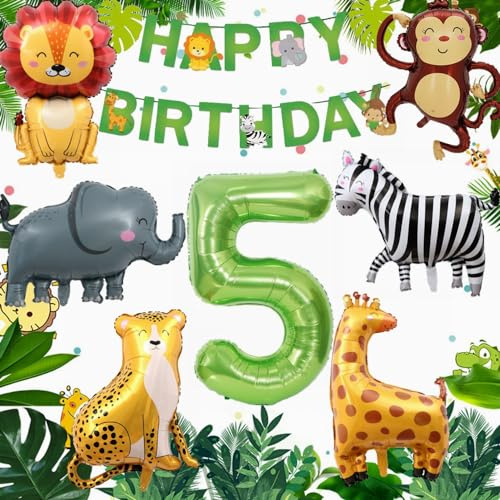 Yunchu Online Deko 5. Geburtstag 5 Jahr Dschungel Dekoration 5. Geburtstag Dekoration Junge Mädchen Dschungel Tiere Folienballons Luftballons