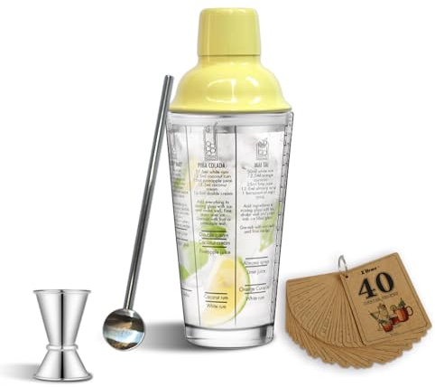 Cockailsnip Kit de coctelera de vidrio, coctelera de martini de 14 onzas impresa con 6 recetas de bebidas, medidor, cuchara mezcladora, libro de recetas, el mejor regalo para principiantes, mujeres y