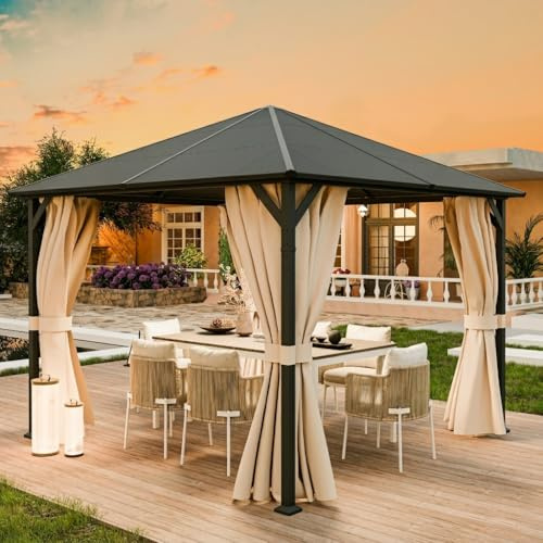 UDPATIO Tonnelle de Jardin 3x3m Imperméable - Toit UV Résistant avec Rideaux, Tonnelle Stabilisée pour Jardin, Terrasse (Champagne)