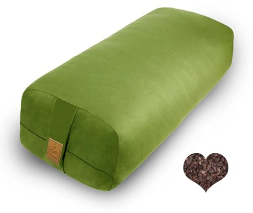 FelizMax Organic Buckwheat Bolster (24X10.5X5.5 in) Yoga Bolster Supportive Yoga Cushion for Restorative Yoga Accessories Rectangular Meditation Pillow 100% Cotton Cover Yoga Pillow (Green)