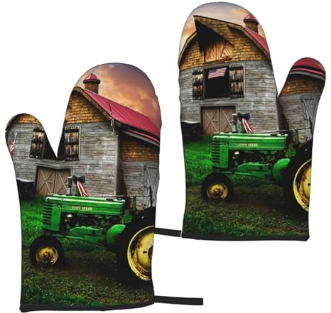 Ofenhandschuhe und Topflappen, Motiv: alter Traktor, Foto, Bauernhof, hitzebeständig, mit Umhängeband, wasserdicht und langlebig. Für Küche, Grillen und Backen geeignet.