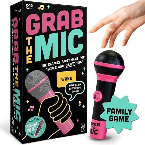 Lucky Egg Official Grab the Mic – Family Karaoke Game, 8+ Year Olds, 2-10 Players - Board Game for Bad Singers with 250 Lyrics (125 Cards) for Hilarious Nights & Birthday Party, Kids Gift