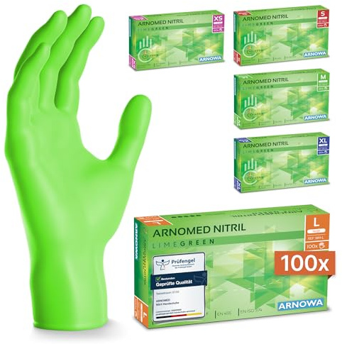 100x ARNOMED® Gants en nitrile taille L Vert, Gants à usage unique pour chirurgie & laboratoire, Gants en nitrile sans poudre et sans latex, Moufles en nitrile en XS, S, M, L, XL, XXL