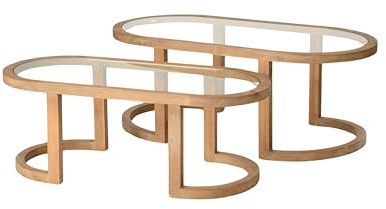 DRW Set de 2 Tables Basses ovales en Bois Naturel et Verre 47 x 122 x 61 cm, 47x122x61 cm