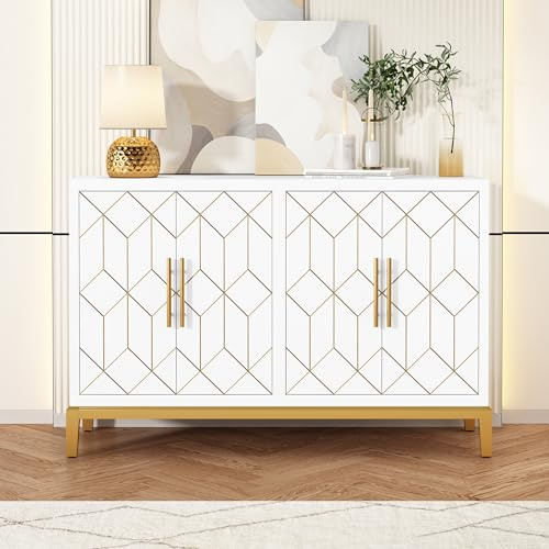 HOLTICO Kommode Sideboard Küchenschrank Mehrzweckschrank Badschrank Weiß 4-türig mit verstellbarem Regal - Freistehender Schrank für Küche, Wohnzimmer - Goldene Linien und Beine | Schrank mit 4 Türen