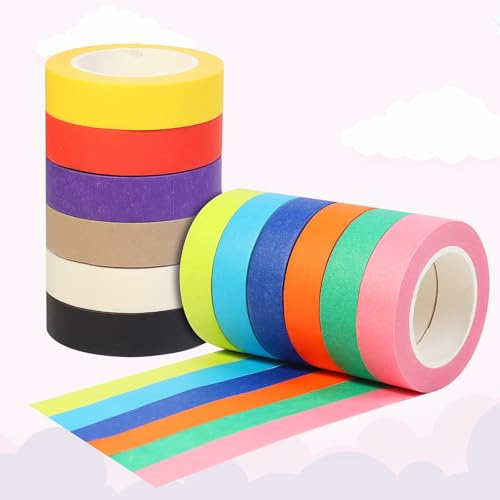 WYTNB 12 Rolls Coloured Painters Tape Set, 15mm x 12m Rainbow Tape Painting | Pressure Sensitive Tape Textured Paper, Decorative Craft Washi Tapes, Writable Masking Tape for Handmade DIY
