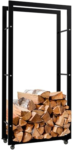 CLP Kaminholzständer Keri mit Rollen I Kaminholzregal aus schwarzem Metall I Aufbewahrung für Brennholz, Farbe:schwarz, Größe:25x60x125 cm