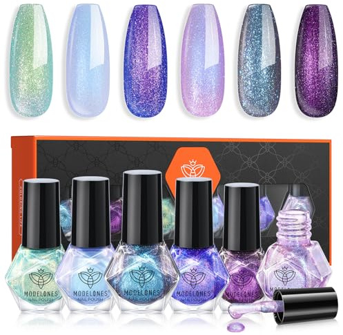 MODELONES Vernis à Ongles, 6 Couleurs Brillant Séchage Rapide, Lot Pailleté Blue Purple Chameleon, Longue Durée, Coffret Vernis à Ongles pour Salon DIY Home