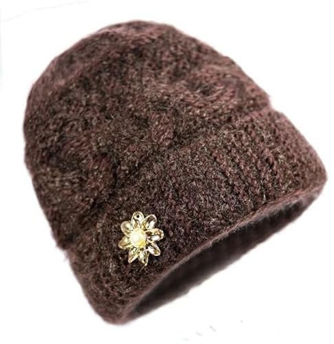 LiuliuBull Damen Wintermütze Skullies Mützen Schal Warme Wollstrickmütze for mittlere und ältere Menschen sowie verdickte Samtmützen(Brown)