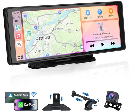 Podazz Kabelloses A-pple Car Play & Android Auto Autoradio, tragbares 10,26-Zoll-IPS-Touchscreen-Autoradio mit 1080P-Rückfahrkamera, Carplay-Bildschirm mit Bluetooth 5.0/Mirror Link/FM/AUX/Siri/Typ C