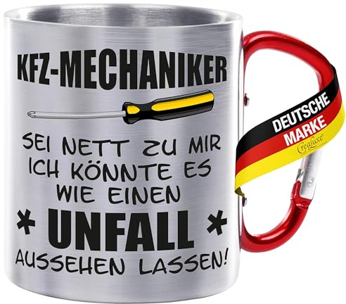 Crealuxe Edelstahltasse mit Karabiner - KFZ Mechaniker Sei nett zu mir. Ich könnte es wie einen Unfall aussehen lassen - Tasse mit Gravur, Kaffeetasse, Bürotasse, Metalltasse