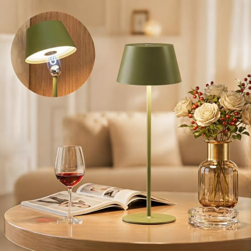 Aigostar Lámpara de Mesa Magnética sin Cable, Dirección de Luz Ajustable, Lámpara de Mesita de Noche de Metal, Táctil con 3 Modos y Brillo Ajustable, IP44 para Interior y Exterior - Verde