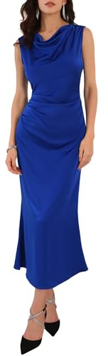 WOMLAYOUT Robe de cocktail en satin avec col bénitier froncée sans manches pour femme, bleu marine, L