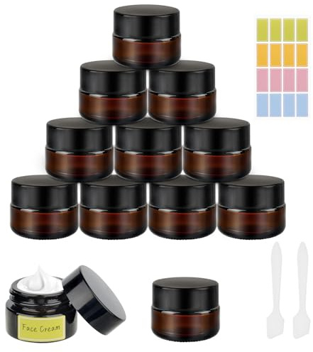Lot de 12 pots à crème en verre ambré à remplir - 5 ml - Avec spatule et autocollants - Pour lotion, crème, cosmétiques