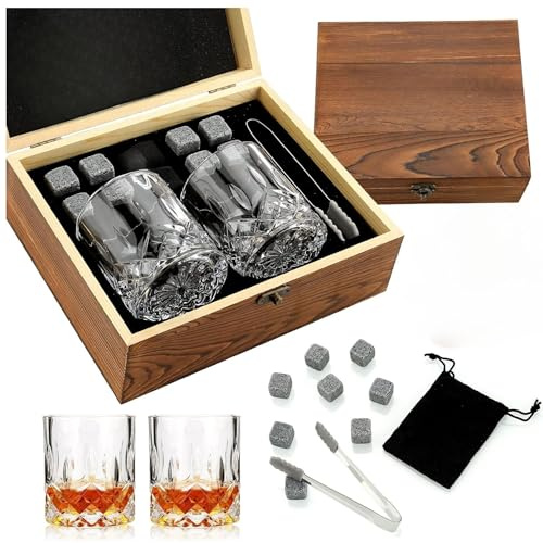 Whiskey Gift Set for Men, Whisky, Glass, Accessories Set, Gifts, For Men | 2 Whisky Glasses, 8 Reusable Whiskey Stones, Tongs & Slate Coasters in Premium Wooden Box, Gifts, For Him