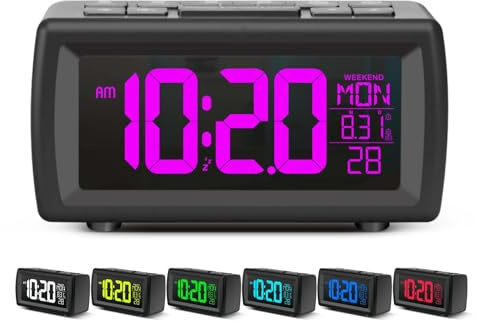 OWYELO Digitale Wecker, Uhr mit Radiowecker, 7-Farbiger LED-Display & Doppelalarm mit Sleep-Timer, USB-Kable & Automatik-Suche, Homeoffice & Schlafzimmer