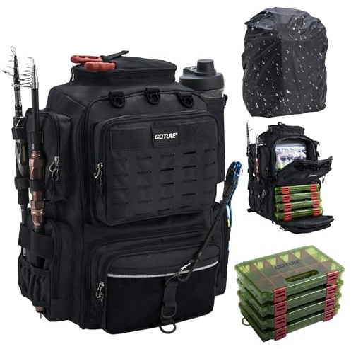 Goture 45 L Sac de pêche Dos Souple et résistant à l'eau, Livré avec Deux Porte-Cannes et Une Housse de Pluie avec Quatre boîtes à appâts et 8 Poches à appâts Cadeaux de pêche pour Hommes