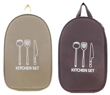 AidSci Pack of 2 Kitchen Utensils Organiser Bag, Portable Camping Cookware Storage Bag, Waterproof Utensils Cookware Canister Bag with Hanging Loop for Camping Hiking BBQ, a, Modern