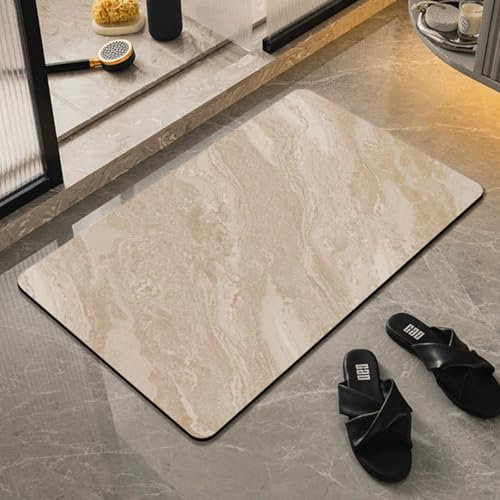 Runup Stone Bath Mat Quick Dry 45x70 cm Marble Pattern Soft Diatomite Bath Mat Non Slip Anti Mould Quick Absorbent Magic Floor Mat for Bathroom Living Room Doormat (Khaki, 45x70cm)