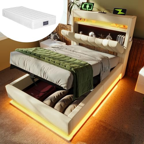Polsterbett 90x200 Einzelbett, Stauraum-Kopfteil mit USB- und Typ-C-Anschlüssen, LED-Beleuchtung am Kopf- und Fußende des Bettes, mit Hydraulischem Stauraum, Leinen (Beige, Mit Matratze, 90x200CM)