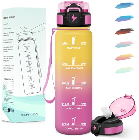 Motswedi Gourde 1l, avec Paille, Gourde Sport, Anti-Fuite, Bouteille, Réutilisable, Bouteille d'eau, avec Marqueur de Temps, pour Fitness, Yoga, Sport, Camping, Gym, Travail, Jaune Rose