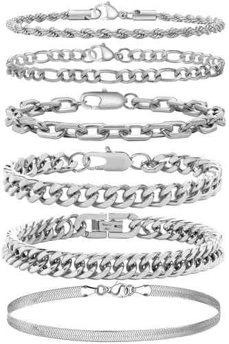 EDLMKM 6 Pcs Mens Silver Bracelets, Fashion Retro Cuban Rope Figaro Bracelet Chain for Men Women, Set for Men Dad Boyfriends Husband Valentine's Day Birthday Wedding Jewellery Gifts 7+1.6inch