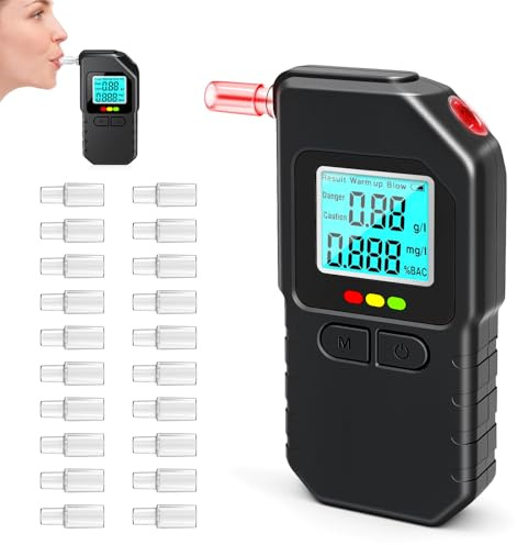 muhogxio Alcoholimetro con Doble Sensor, Alcoholímetro Portátil,20 Boquillas, Almacenamiento y Voz,Test Alcoholemia Profesional con Pantalla LCD Digital,para Uso Doméstico y en Fiestas (SSD)