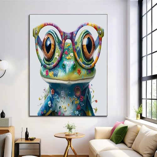 Decorazioni Murali di Dipinto A Olio, Quadro Murale su Tela con Carino Occhiali Rana, Stampe Artistica Poster Verde per Camera da Letto Soggiorno, 50x70cm Senza Cornice