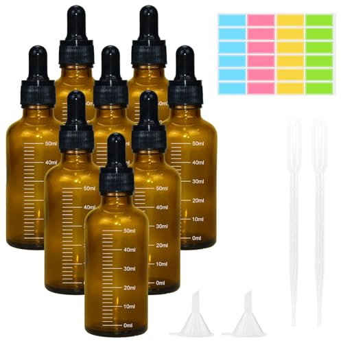 WYYFXY® 8 Stück 50ml Pipettenflasche, Bernsteinfarbene Glasflaschen Anti UV | Dropper Bottle mit Trichter Pipette Aufkleber, Apothekerflasche für Ätherische Öl, Essenzen, Düfte, Extrakten