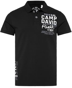 Camp David Herren Kurzarmpolo aus Pikee mit Artworks Black, XXXL