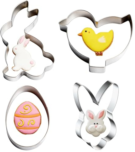 4 Pcs Easter Cookie Cutter Set, Stainless Steel Biscuit Molds for Baking and Party Decoration, Includes Egg, Bunny, Rabbit Face, and Chick Designs