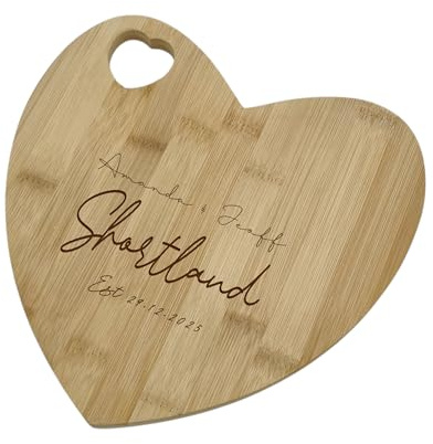 Personalised Heart-Shaped Chopping Board, Engraved with Names and Date, 23cm Diameter, 1cm Thick, for Weddings, Anniversaries, New Homes