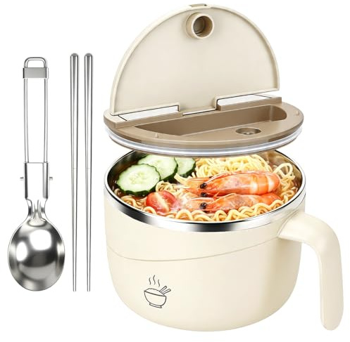 Cumdel Instant Noodle Bowl with Lid, 1200ml Stainless Steel Pasta Bowl with Fork Chopsticks, Ramen Bowl with Handles & Drip Hole, Dishwasher Safe Portable for Home Dorm Office (Beige)