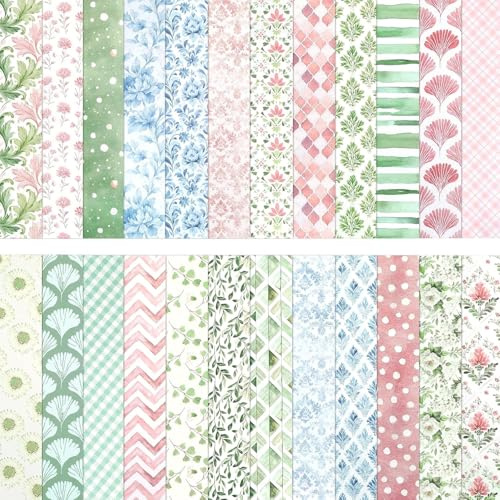 Scrapbook Papier Blumen Muster 24 Blatt Scrapbooking Papier Doppelseitige Scrapbook Bastelpapier 15 x 15 CM Decoupage Papiers Motivpapier Vintage für Scrapbooks Karten Geschenk Deko (Rosa+Grün)
