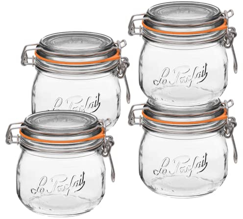 Le Parfait Super Jar 500mL (16oz) French Glass Preserving Jar w/Airtight Rubber Seal & Wire Bail Closure - BPA-Free Canning Jar for Pickles, Fruit, Sauce & Food Storage - Made in France Since 1930 4PK