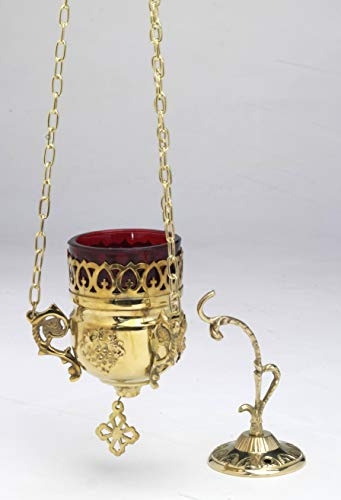 Ewiglichter-Ampel Messing Gold poliert (Höhe 15 cm) mit rotem Glas und Kette