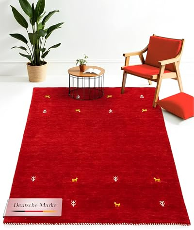 carpetfine Wollteppich Gabbeh Uni Rot 80x150 cm | Moderner Teppich für Wohn- und Schlafzimmer