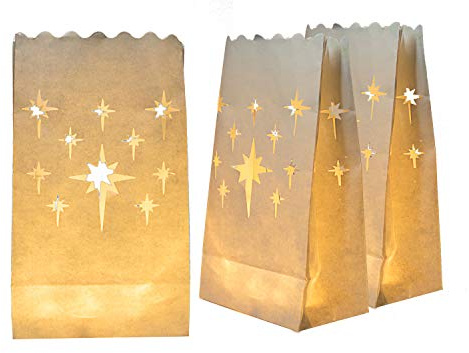 Homemory 50 PCS White Luminary Bags, Flame Resistant Candle Bags, Stars Design Luminaries for Wedding, Party, Halloween, Thanksgiving, Christmas