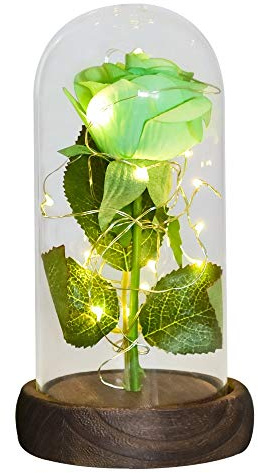 NGHSDO Rose éTernelle Fleur de Rose éternelle Rouge/Blanc/Noir dans Le dôme en Verre avec des Cadeaux de Base en Bois Clair pour Les Femmes Rose Eternelle sous Cloche (Color : Green Flower)