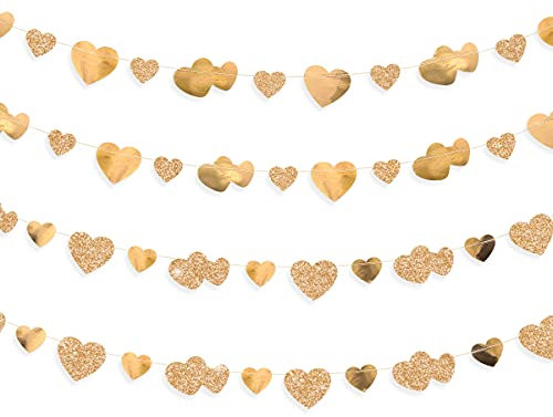 40Ft Champagne Gold Heart Banner Double Sided Paper Garland Heart Hanging Streamer for Wedding Birthday Anniversary Bachelorette Engagement Bridal Baby Shower Valentines Hen Christmas Party Decoration