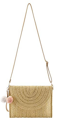 Faletony Damen Clutch Stroh Umhängetasche Sommer Strandtasche Abendtasche Crossbody Tasche Handgewebte Basttasche Korbtasche Boho-Stil für Arbeit Reise Party Hochzeit Outdoor (Hellbraun)