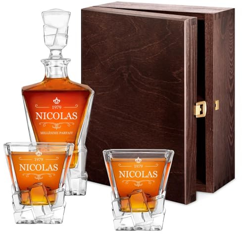 Maverton Carafe et 2/4 / 6 verres, Avec motif décoratif, Ensemble | Personnalisé pour homme, Set élégant pour lui, Ensemble à whisky au design unique, Pour connaisseur, Cadeau Noel, Couronne