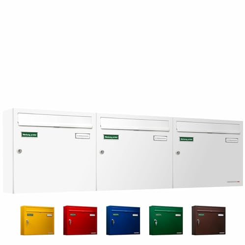 AL Briefkastensysteme Basic 3er Briefkasten RAL 9016 Verkehrs Weiss 3 Fach DIN A4 wetterfest Briefkastenanlage mit Posthaltebügel und 2 Namensschildern