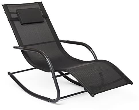 Mondeer Schaukelliege, Swingliege, Sonnenliege, Gartenstuhl, Liegestuhl Gartenliege mit Kopfstütze und Seitentasche, Ergonomische Relaxsessel, für Garten und Balkon, bis 160 kg belastbar, Schwarz