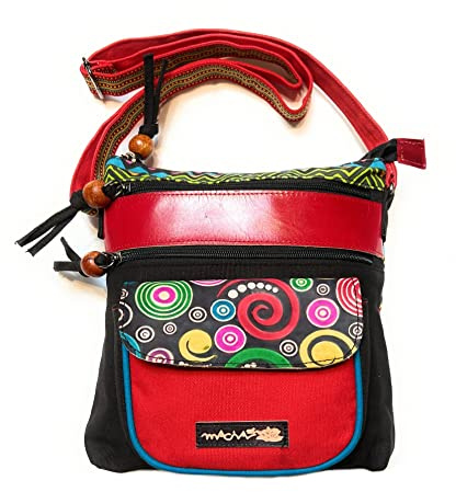 Macha Bag Indische Umhängetasche aus Baumwolle und Leder für Frauen Ethnische Boho Satchel Sporttasche Handtasche Hippie-Tasche (Rot)